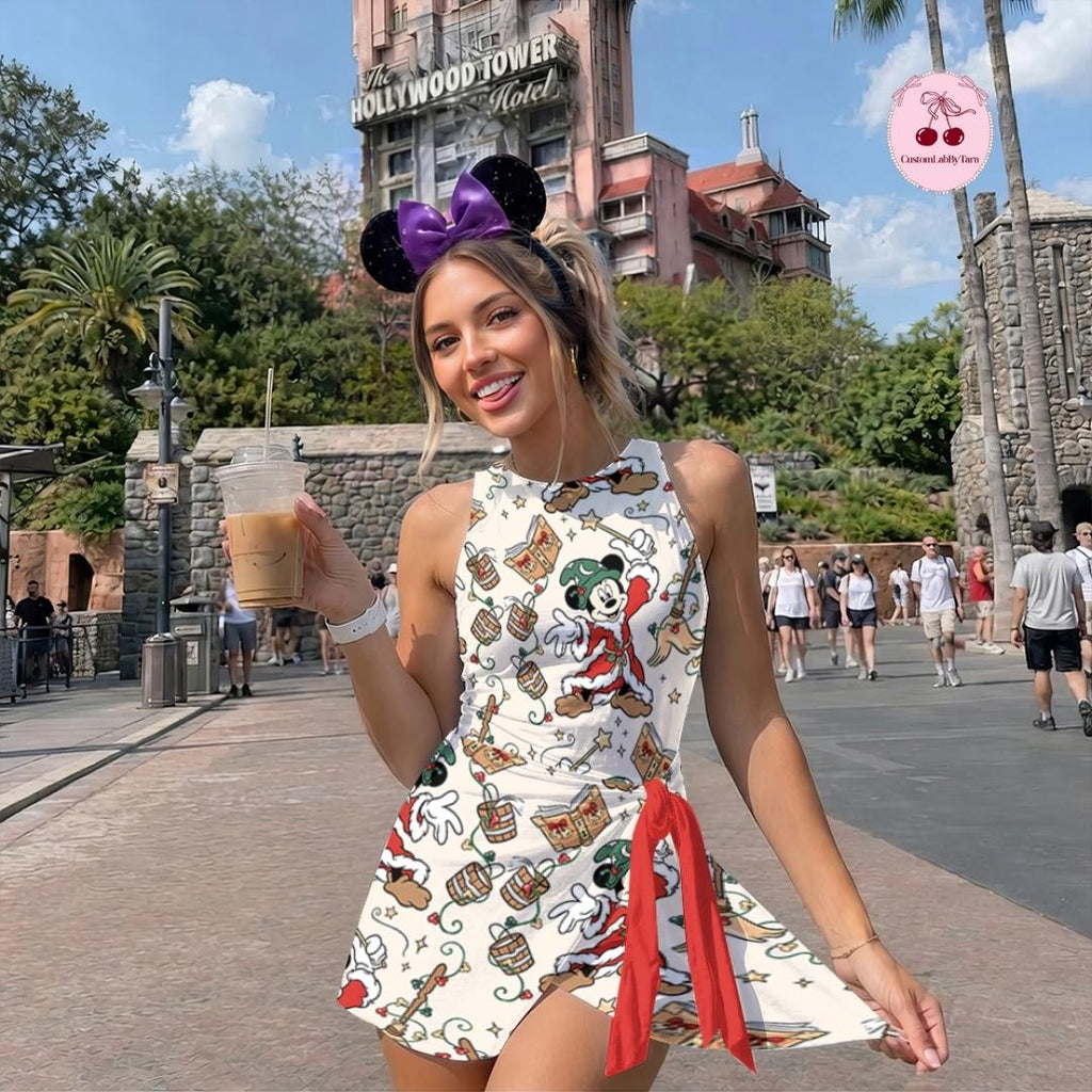 Disney Fantasia Christmas Tennis Dress, Fantasia Sorcerer Mickey Wizard Christmas Lights Skirt Activewear Set Fantasmic Some Imagination Huh