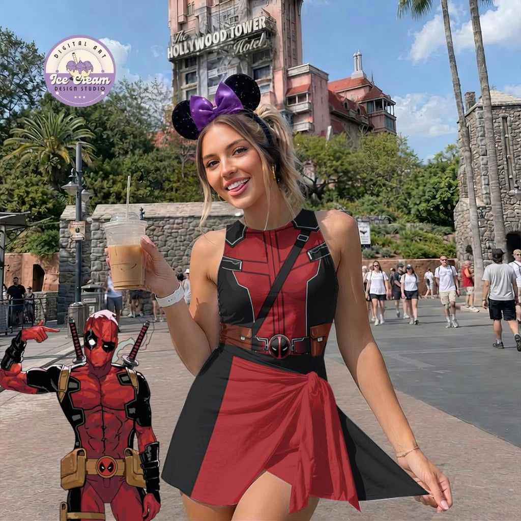 Deadpool Wolverine Inspired Tennis Dress, Women Wrap Skirt Dress, Superhero Park Outfit, Disney Bound Gift, Halloween Cosplay Dress