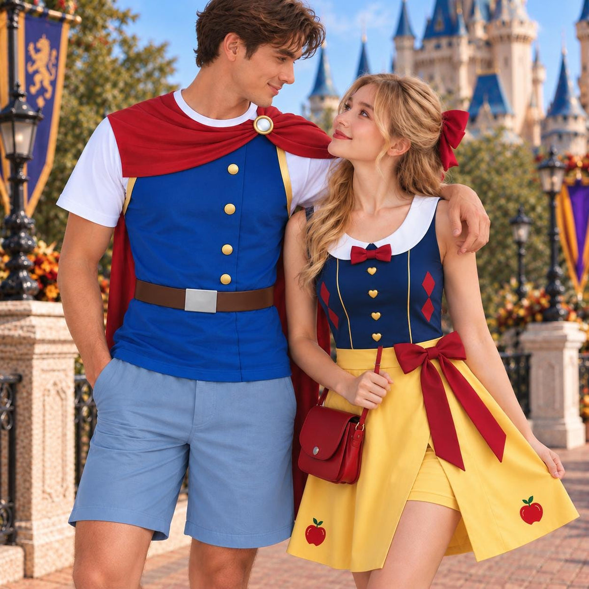 Storybook Princess Couple Dress, Royal Blue Yellow Outfit, Fairytale Costume, Matching Halloween Party Shirt, Fantasy Theme Park Look