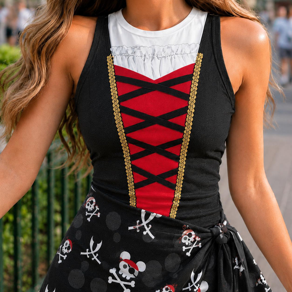Classic Pirate Captain Cosplay Tennis Dress, Skull Crossbones Halloween Costume, Red Corset Lacing Fantasy Skirt Set Outfit For Women