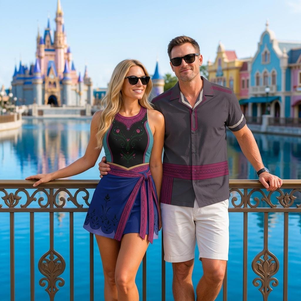 Anna And Kristoff Couple Cosplay Matching Outfits, Theme Park Halloween Costumes, Casual Button Down Shirt And Tennis Dress Set For Couples