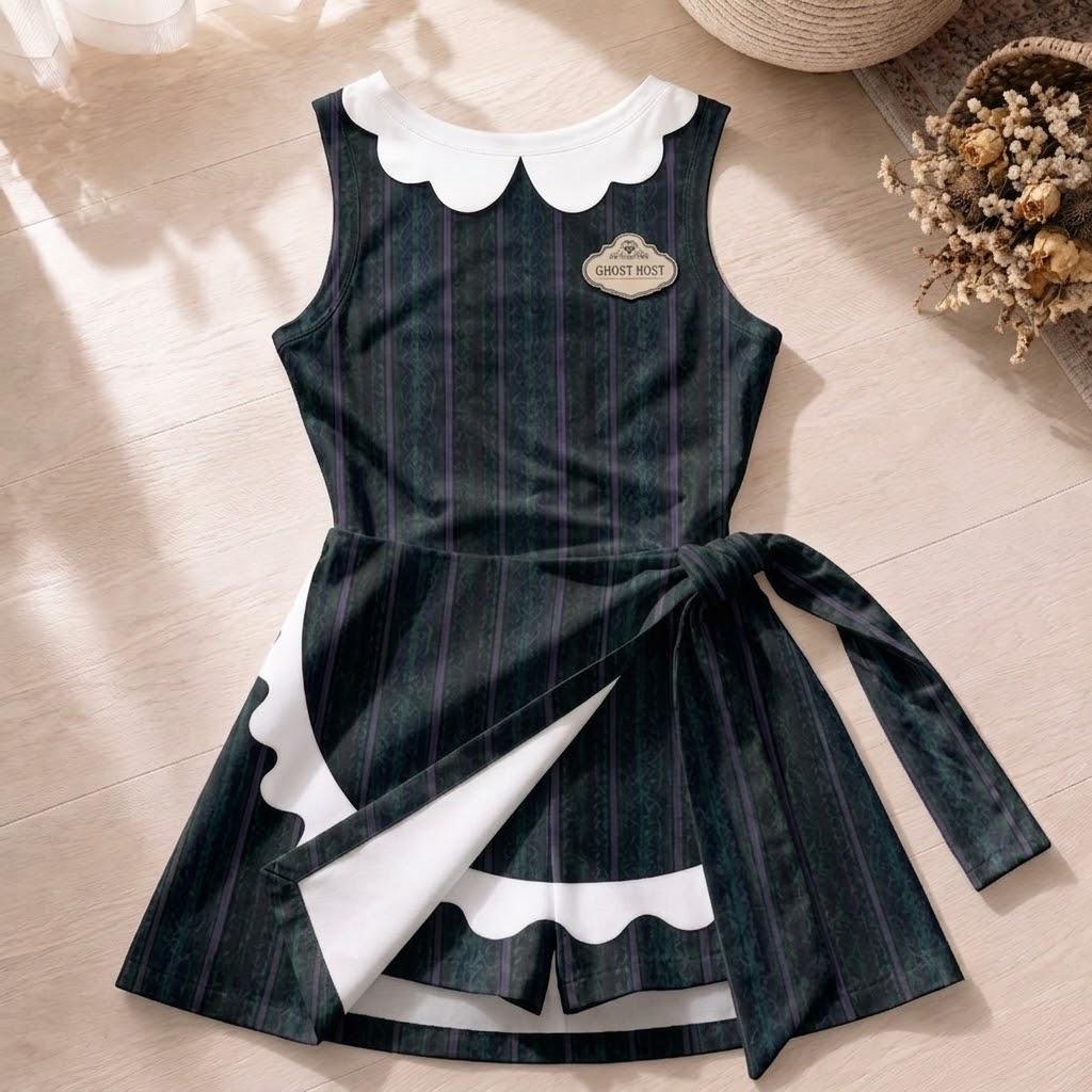 Haunted Mansion Maid And Butler Family Cosplay Matching Outfits, Ghost Host Halloween Costumes, Casual Shirt And Tennis Dress Set