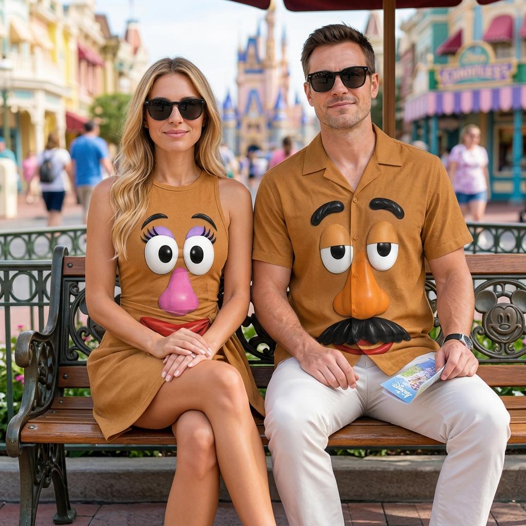 Mr And Mrs Potato Head Couple Cosplay Matching Outfits, Theme Park Halloween Costumes, Casual Button Down Shirt And Tennis Skirt Outfits