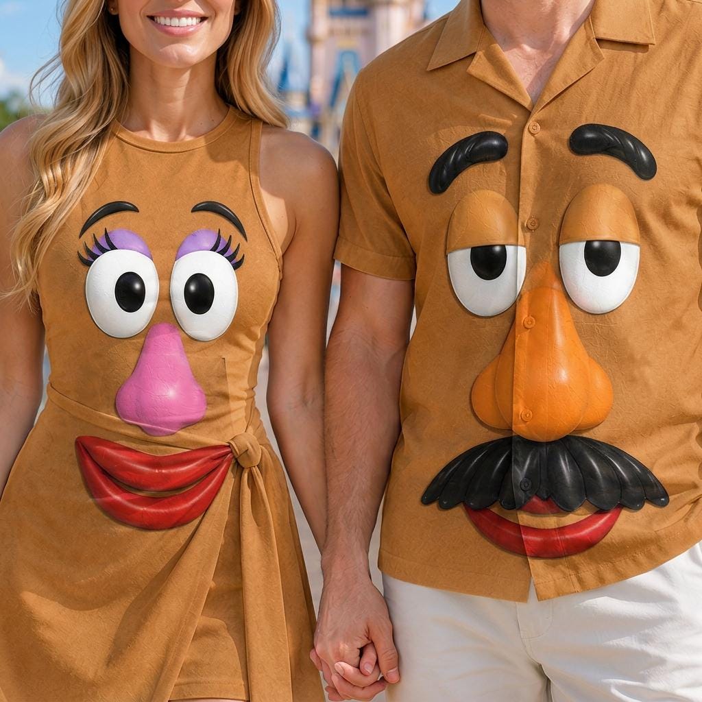 Mr And Mrs Potato Head Couple Cosplay Matching Outfits, Theme Park Halloween Costumes, Casual Button Down Shirt And Tennis Skirt Outfits