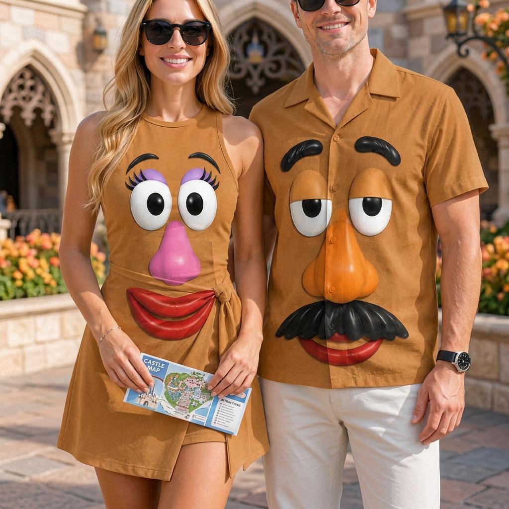 Mr And Mrs Potato Head Couple Cosplay Matching Outfits, Theme Park Halloween Costumes, Casual Button Down Shirt And Tennis Skirt Outfits