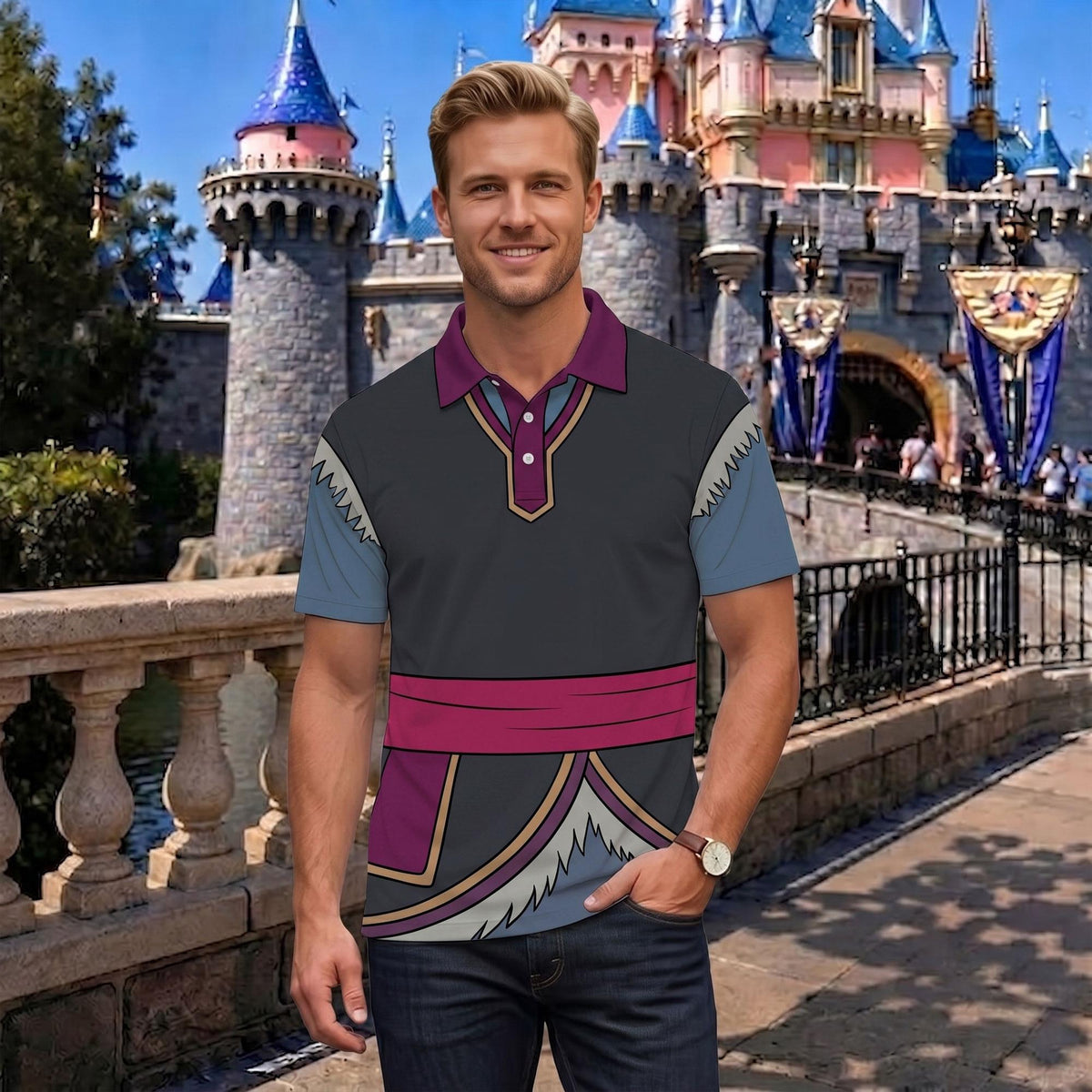 Anna and Kristoff Matching Couple Outfit, Frozen Cosplay Polo Shirt and Wrap Skort Dress, Theme Park Vacation Gift Idea