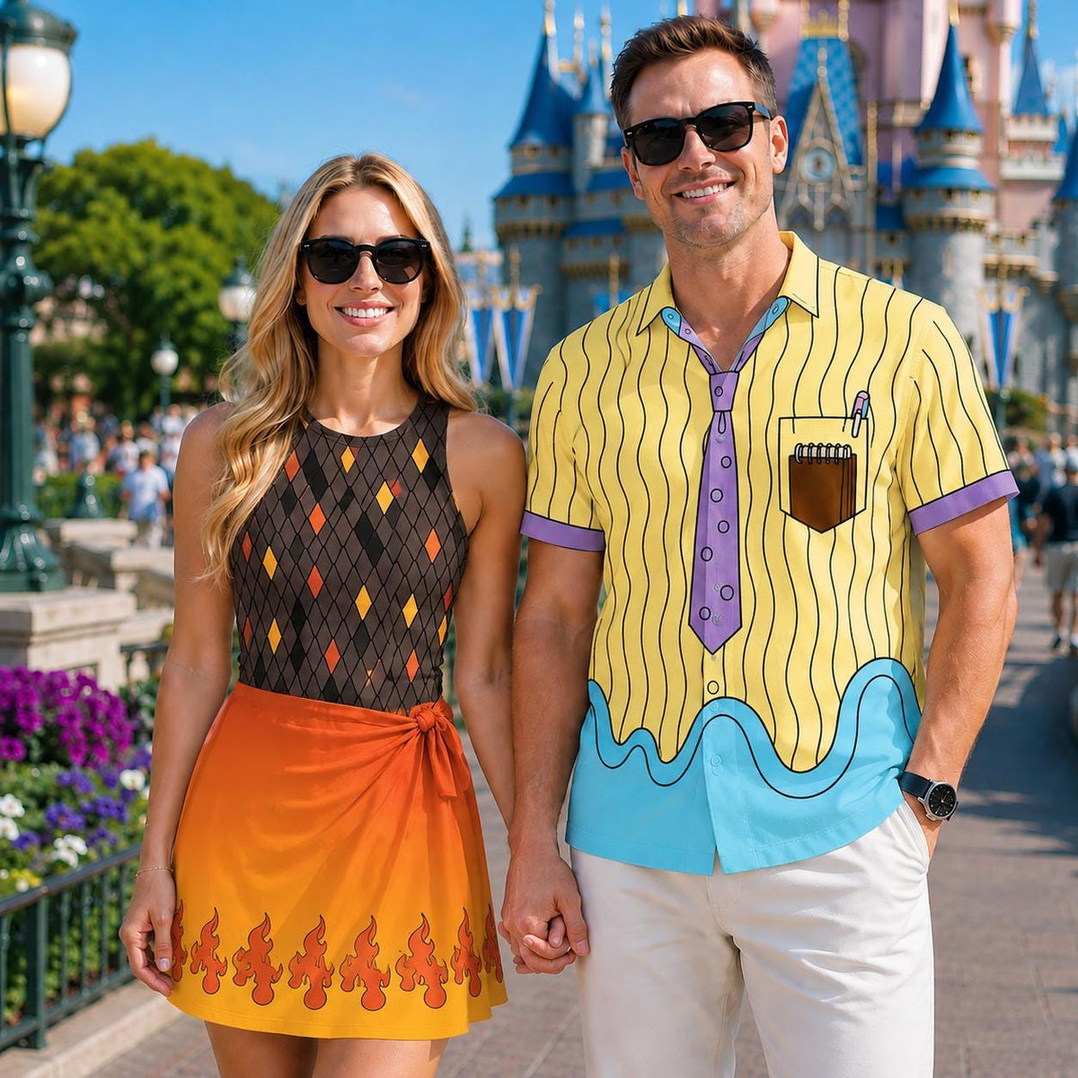Elemental Ember And Wade Couple Cosplay Matching Outfits, Theme Park Halloween Costumes, Casual Shirt & Tennis Dress Set For Couples