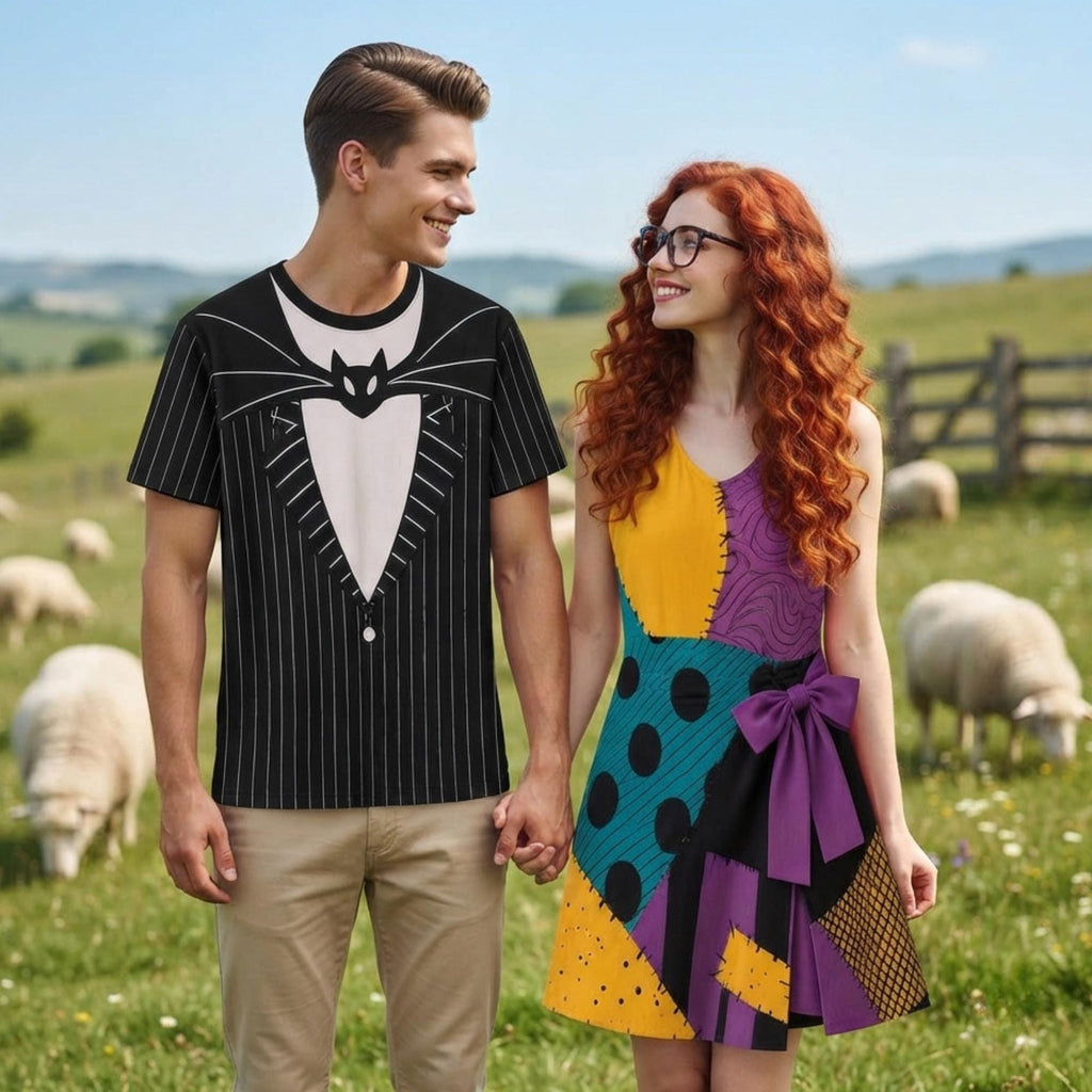 Jack and Sally Matching Couple Outfit, Nightmare Before Christmas Costume Tennis Dress & 3D Shirt, Matching Apparel