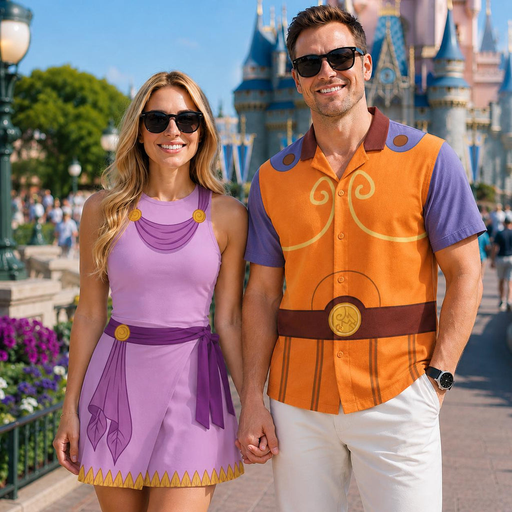 Hercules And Megara Couple Cosplay Matching Outfits, Theme Park Halloween Costumes, Casual Button Down Shirt & Tennis Skirt Set For Couples