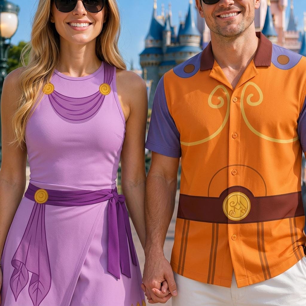 Hercules And Megara Couple Cosplay Matching Outfits, Theme Park Halloween Costumes, Casual Button Down Shirt & Tennis Skirt Set For Couples
