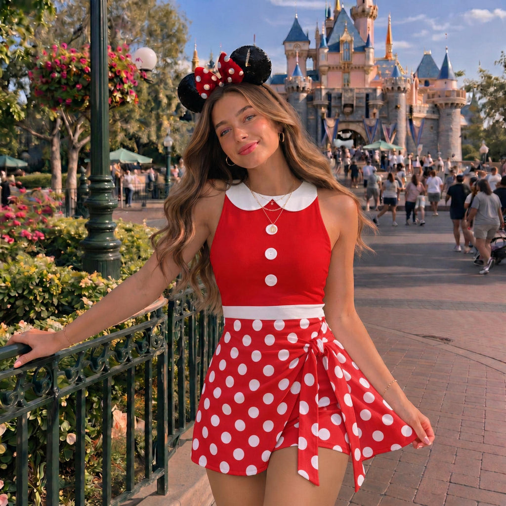 Halloween Minnie Mouse Wrap Skort Dress, Minnie Mouse Cosplay Outfit, Mickey Mouse Inspired Dress, Halloween Trip Outfit, Women