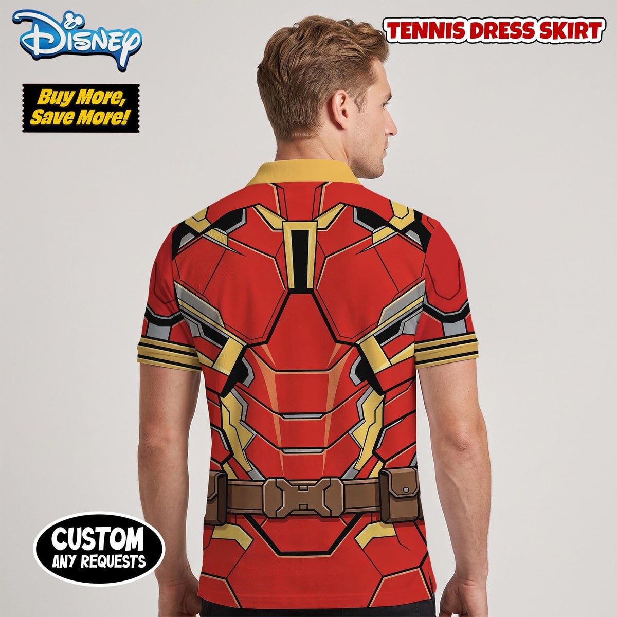 Iron Man Armor Matching Couple Outfit, Superhero Cosplay Polo Shirt and Wrap Skort Dress, Theme Park Vacation Gift Idea