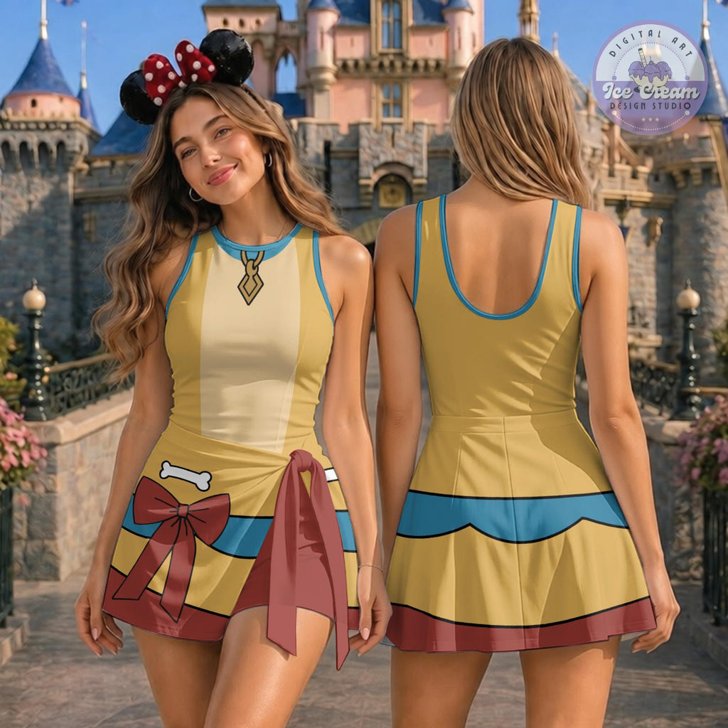 Halloween Lady & The Tramp Wrap Skort Dress, Disney Halloween Cosplay Tennis Dress, Gift for her, Lady Dog Costume Skater Dress