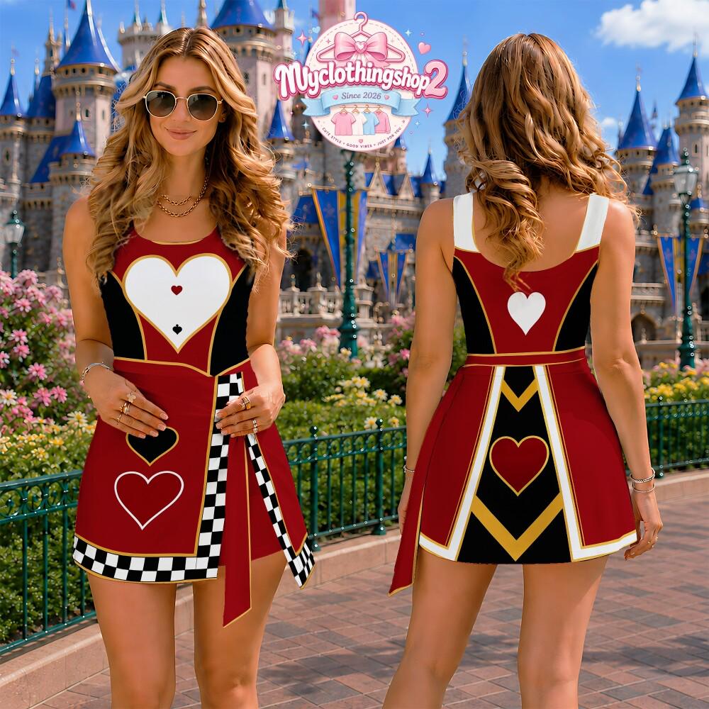 Wonderland Card Queen Jumpsuit Skirt Costume, Queen of Hearts Cosplay Dress for Women, Disneyland Vacation Dress, Majesty Skort Outfit