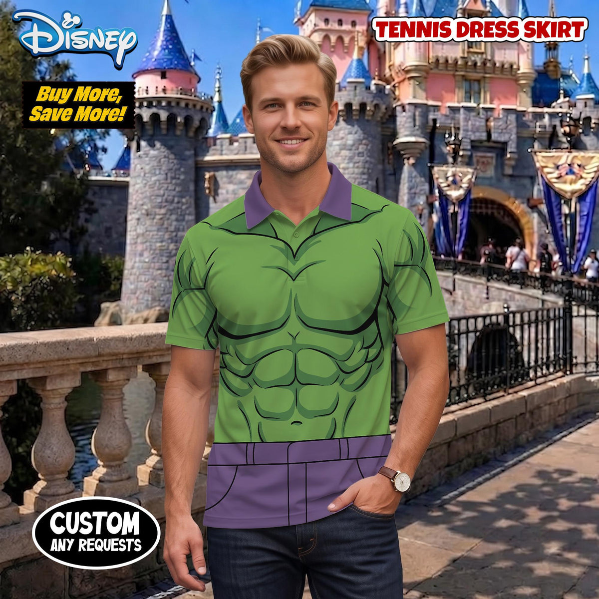 Incredible Hulk She-Hulk Matching Couple Outfit, Superhero Cosplay Polo Shirt and Wrap Skort Dress, Theme Park Vacation Gift Idea