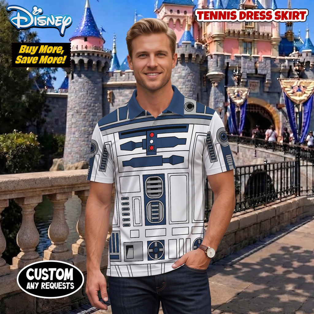 R2D2 Droid Matching Couple Outfit, Star Wars Cosplay Polo Shirt and Wrap Skort Dress, Theme Park Vacation Gift Idea
