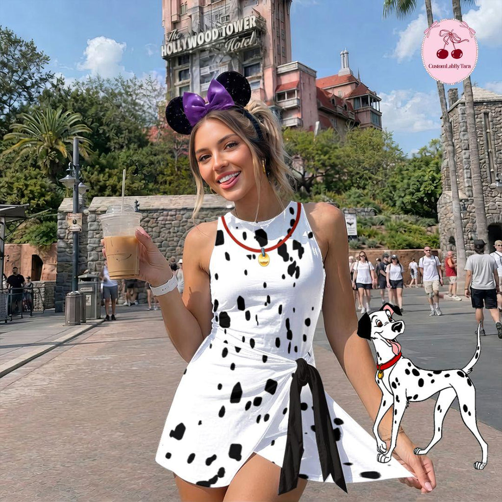 Halloween 101 Dalmatians Dog Costume Wrap Skirt Dress, Bounding 101 Dalmatians Dress, Dalmatian 101 Costume For Women, Black White Halloween