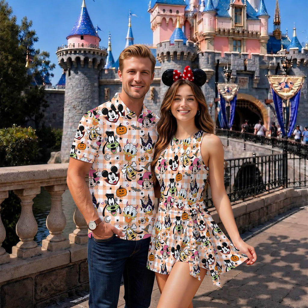 Spooky Mickey Friends Matching Couple Outfit, Halloween Polo Shirt and Wrap Skort Dress, Theme Park Vacation Clothes, Unique Gift