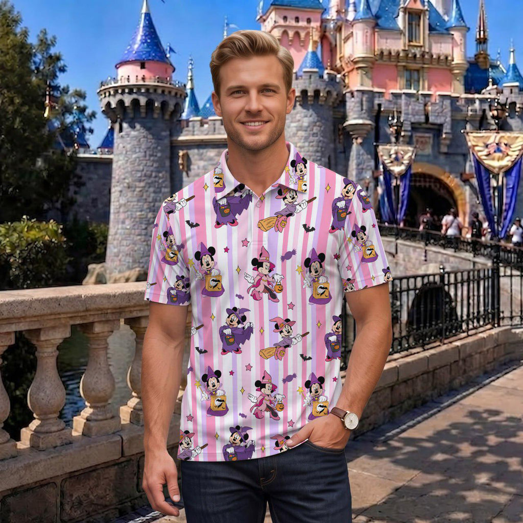 Spooky Minnie Matching Couple Outfit, Pink Stripe Halloween Polo Shirt & Wrap Skort Dress, Theme Park Vacation Gift