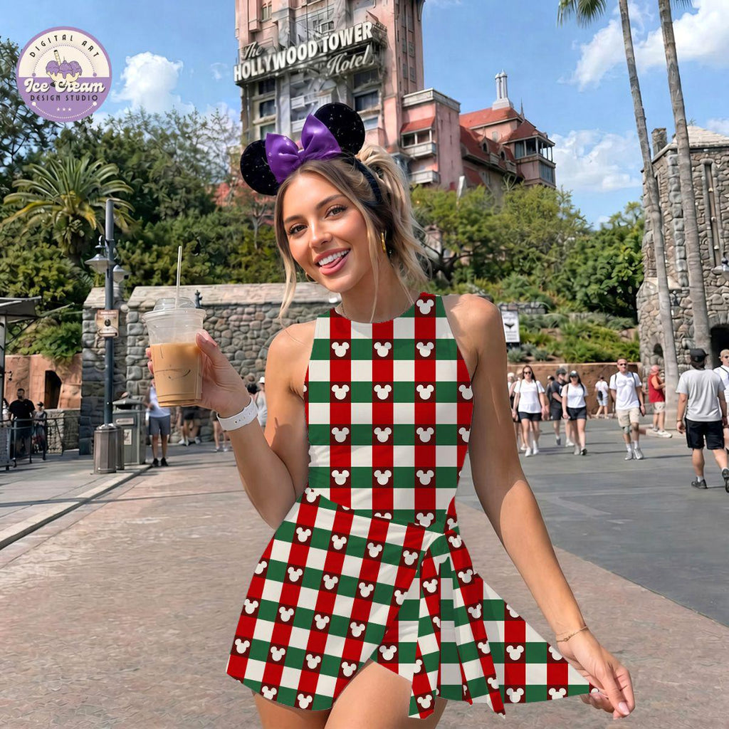 Mickey Head Christmas Plaid Disney Christmas Cruise Tennis Dress, Very Merrytime Cruises Women Kids Costume Dress, Disney Holiday Dress