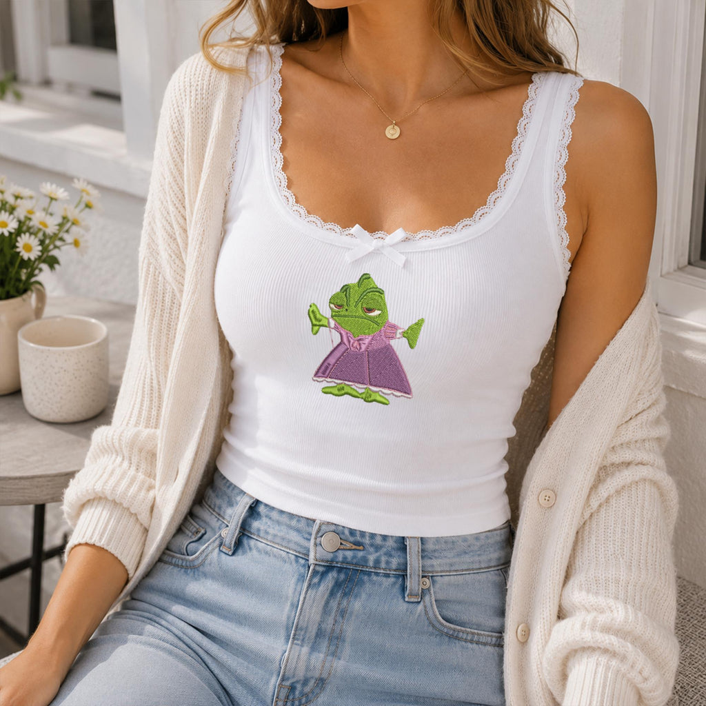 Embroidered Tangled Pascal Rapunzel Dress Tank-top, Coquette Funny Pascal Lace Trim, Magical Pascal Princess Camisole