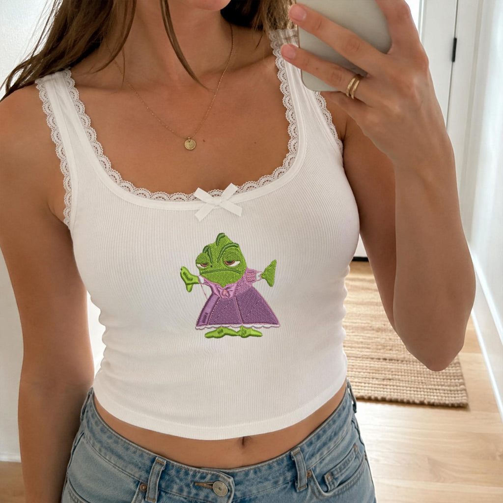 Embroidered Tangled Pascal Rapunzel Dress Tank-top, Coquette Funny Pascal Lace Trim, Magical Pascal Princess Camisole