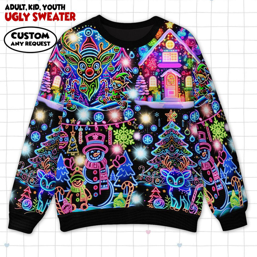 2D Neon Glow Ugly Christmas Sweater & Wrap Skort Dress, Trippy Xmas Holiday Jumper, Colorful Glowing Xmas Outfit, Couple Christmas Gift