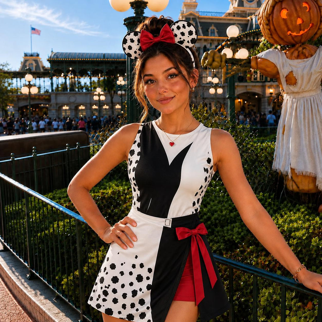 Halloween Cruella De Vil Wrap Skort Dress, Bounding 101 Dalmatians Dress, Dalmatian 101 Costume For Women, 101 Dalmatians Halloween Costume