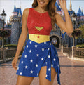 Wonder Woman Inspired Dress, Superhero Women Costume, Red Blue Star Tennis Dress, Halloween Cosplay Dress, Theme Park Vacation Outfit