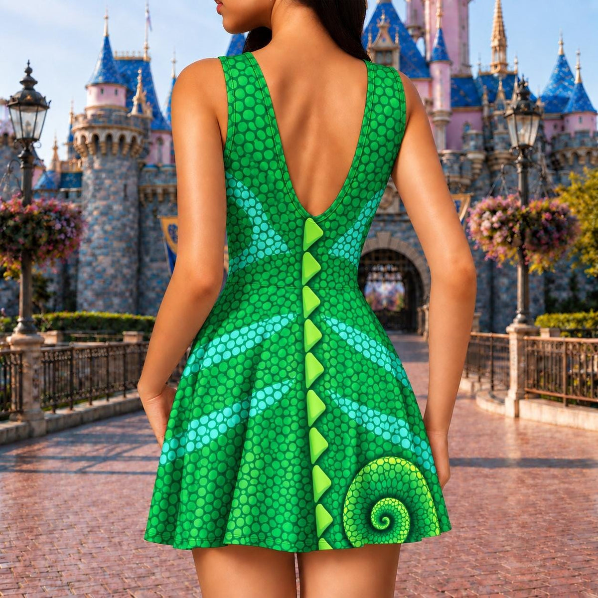 Pascal Inspired Wrap Skort Dress, Tangled Green Chameleon Halloween Cosplay Costume, Disney Matching Dress, Theme Park Vacation Outfit