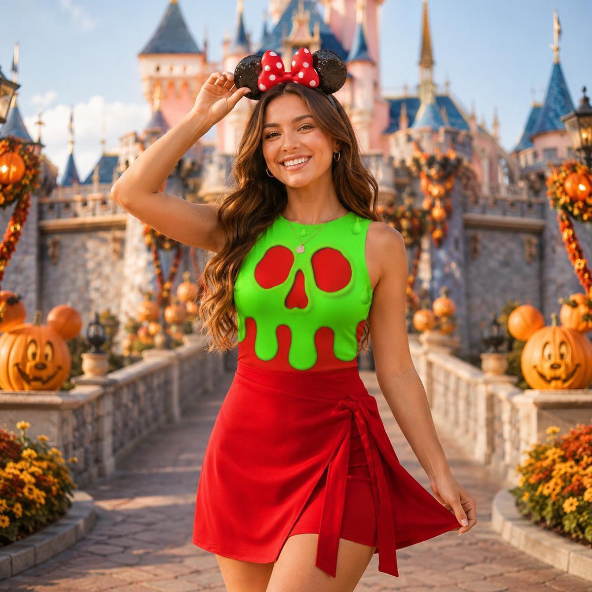 Poison Apple Snow White Halloween Costume Wrap Skort Dress, Evil Queen Poison Apple Cosplay Skirt, WDW Poison Apple Halloween Outfits