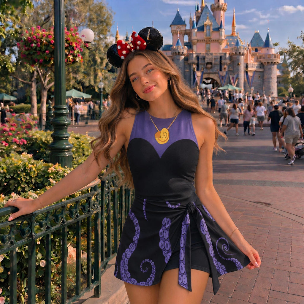 Halloween Ursula Costume Wrap Skort Dress, Villain Cosplay Outfit, Little Mermaid Inspired Dress, Purple Tentacle Party Dress Witch Gift