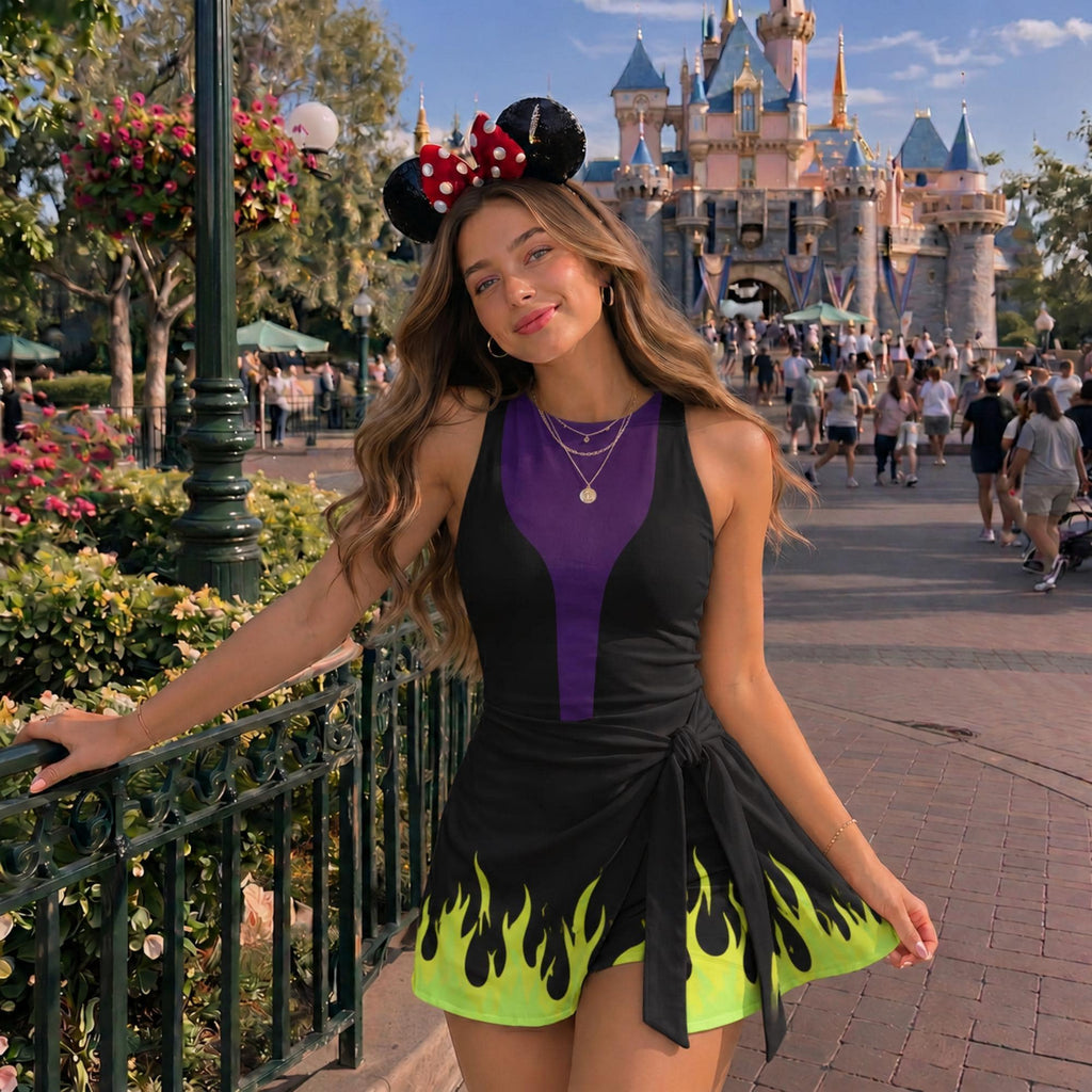 Halloween Maleficent Costume Wrap Skort Dress, Villain Cosplay Outfit, Sleeping Beauty Inspired Dress, Purple Party Dress Witch Gift